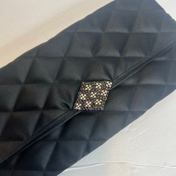 KATE LANDRY Black Clutch Quilted Vtg Purse Evening Folder Bag With Rhinestone - Picture 14 of 16